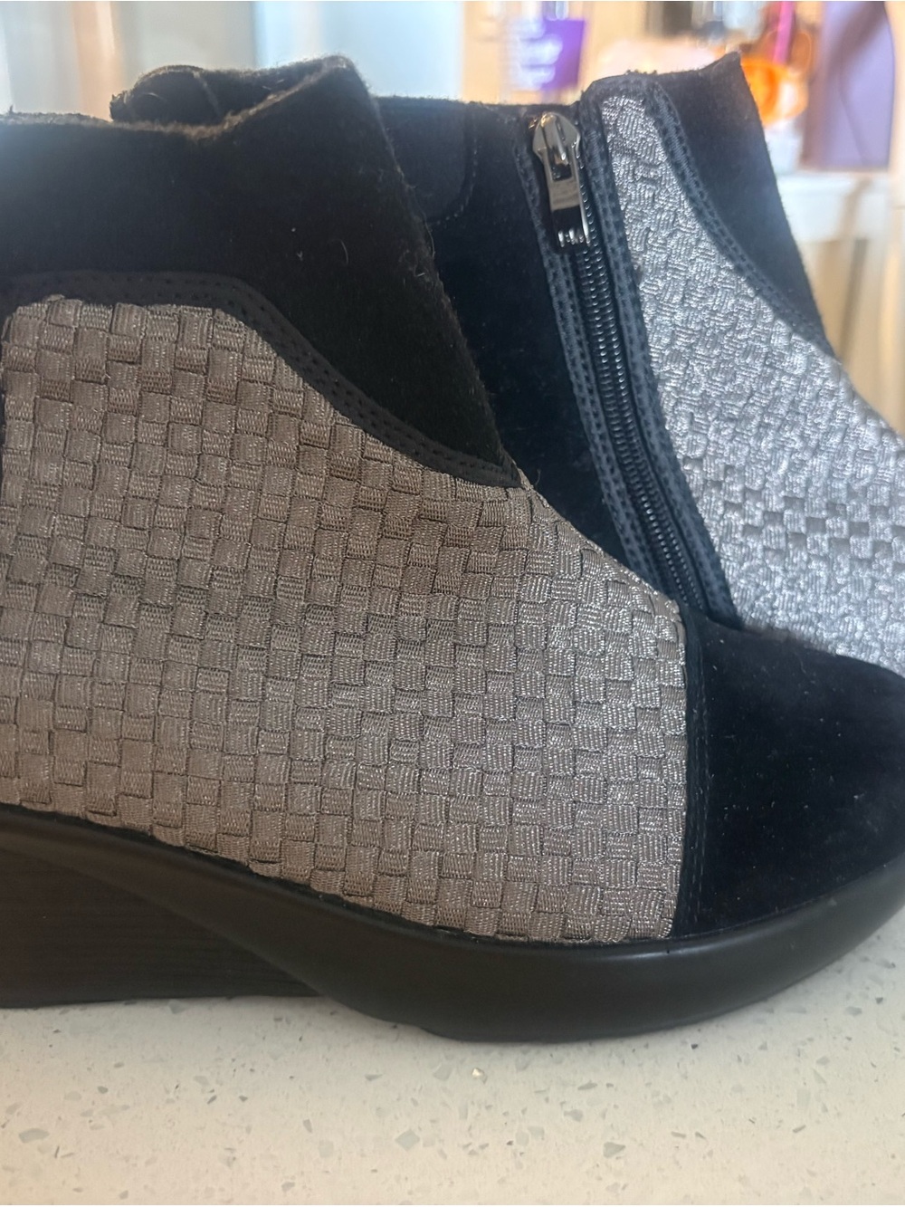 bernie mev. Black and Gray Woven Ankle Booties with Side Zip